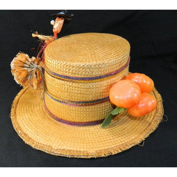 Vtg Italian Straw Hat With Figurine & Accents 1950s Boater Gatsby Autumn Fall - Picture 10 of 16